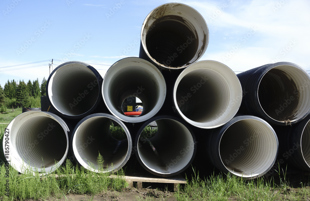 Corrugated plastic pipes at a construction site Corrugated plastic pipes at a construction site