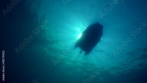 Silhouette of a motor boat photographed from below on a background of a water surface and solar rays.
 photo