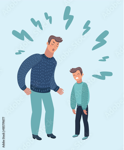 Father Scolding His Son. Angry Dad Yells at Little Scared Kid. Cartoon Style Vector Illustration