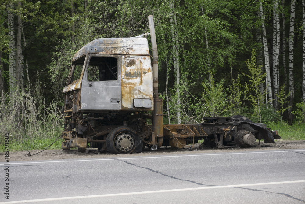the truck after a fire on the road