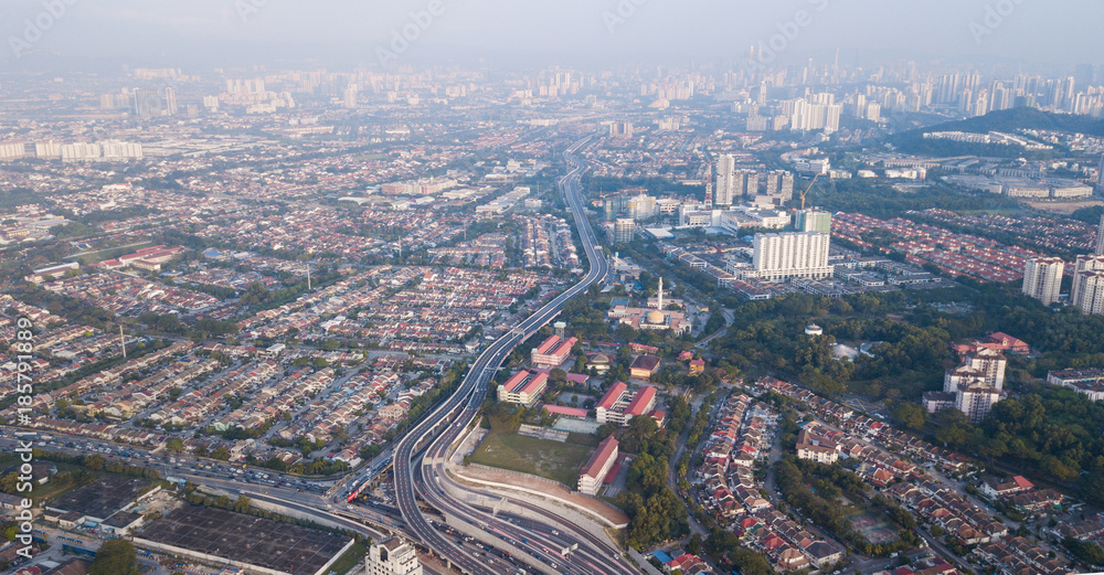 Aerial panoramic view from the drone above the Kuala-Lumpur 