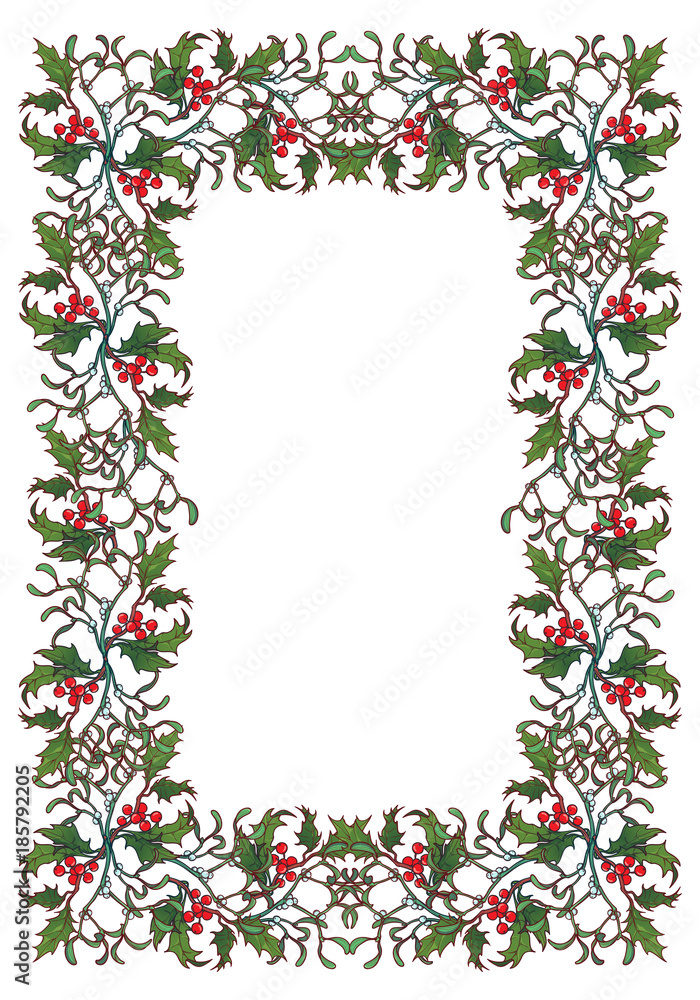 Christmas ornamental rectangular frame. Holly branches with leafs and berries. Christmas greeting card template. EPS10 vector illustration