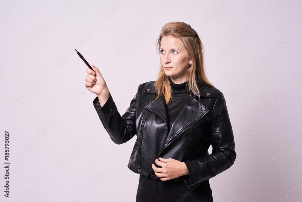 Direction upwards. Beautiful girl. White background Direction upwards. Beautiful girl. White background