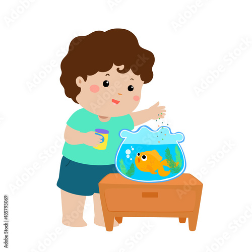 Illustration of cute little boy feeding fish in aquarium cartoon..