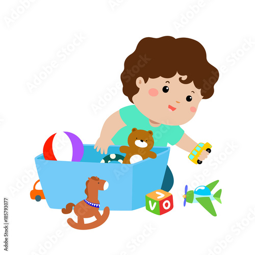 .Illustration of kid boy storing toys.