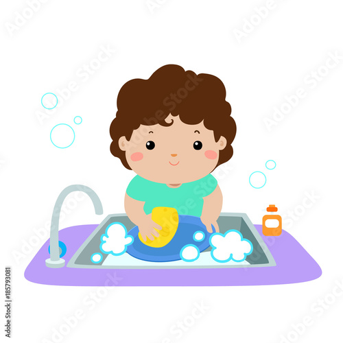 Illustration of happy boy washing dish on white background.