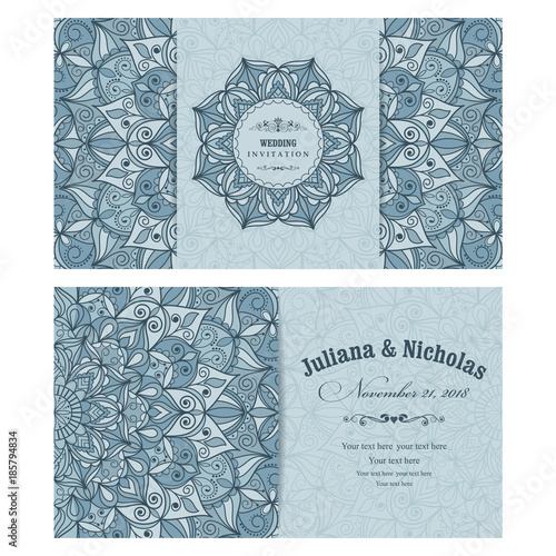 Wedding invitation cards Eastern style blue. Arabic  Pattern. Mandala ornament. Frame with flowers elements. Vector illustration.