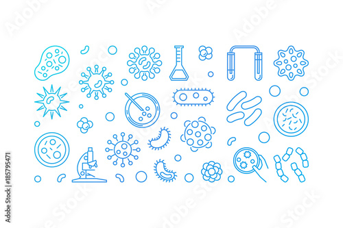 Microbe blue line illustration or horizontal banner microbes ico
