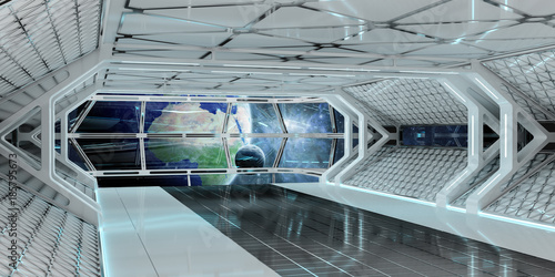 Fototapeta Naklejka Na Ścianę i Meble -  Spaceship interior with view on Earth 3D rendering elements of this image furnished by NASA