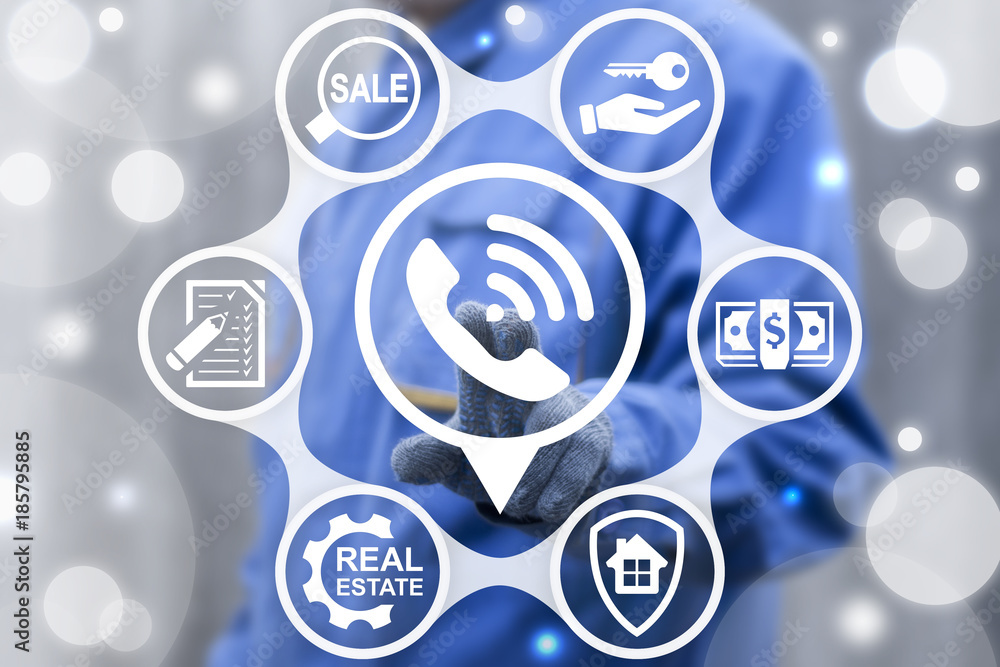 Worker using virtual touchscreen presses location place button with ringing handset. Real Estate Business Apartment Construction Agency concept. Worker using virtual touchscreen presses location place button with ringing handset. Real Estate Business Apartment Construction Agency concept.