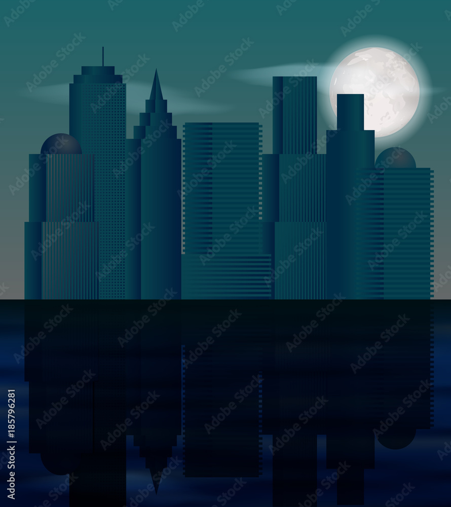 Night city silhouette with full moon and reflection on water. Vector illustration.