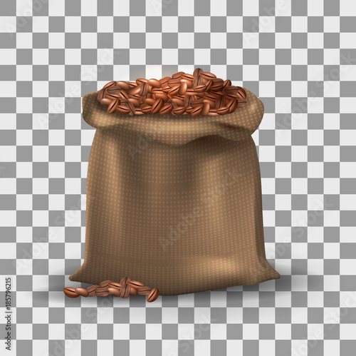 Coffee beans in brown burlap bag on the transparent effect background. Realistic illustration. Coffee beans in a sack or purse.
