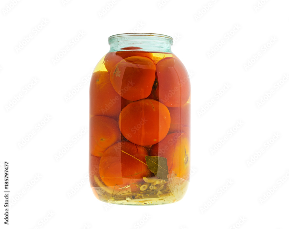 Marinated tomatoes, canned in a can of isolated on a white background Marinated tomatoes, canned in a can of isolated on a white background