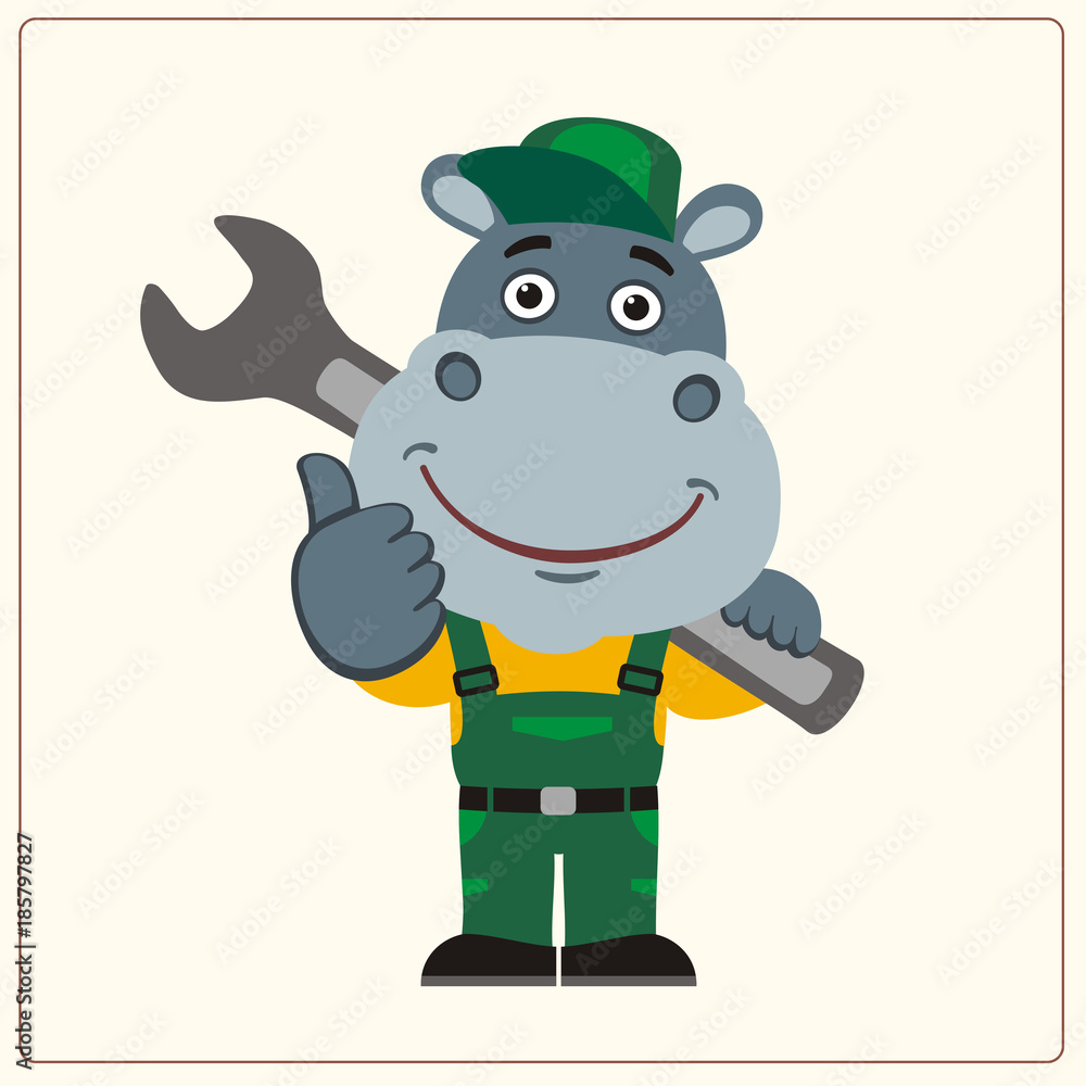 Naklejka premium Funny hippo in wearing overalls with the large wrench on her shoulder. Mechanic hippopotamus in cartoon style shows like.