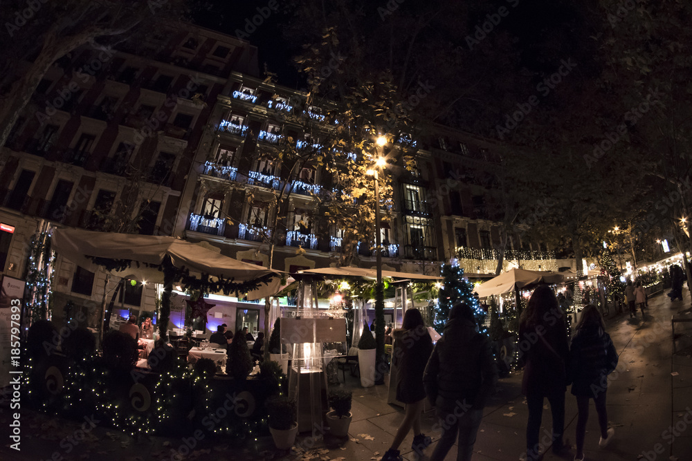 Fisheye. Christmas lights in the streets of the Madrid City, Spain. Coffe Plaza de Alcala