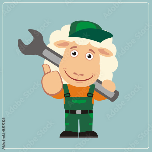 Funny sheep in wearing overalls with the large wrench on her shoulder. Mechanic sheep in cartoon style shows like.