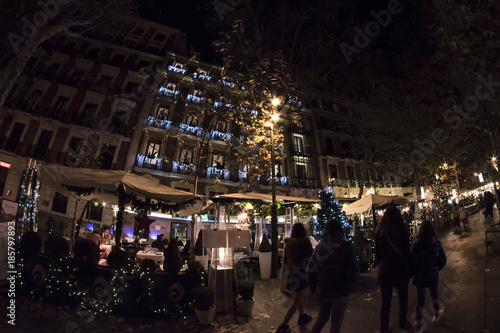 Fisheye. Christmas lights in the streets of the Madrid City, Spain. Coffe Plaza de Alcala