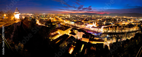 Graz aerial night panoramic view from Schlossberg