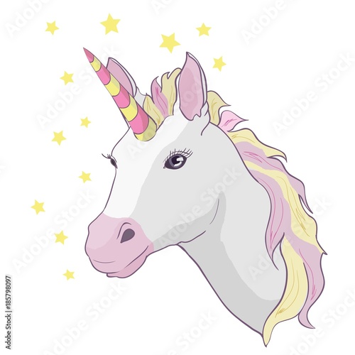 Unicorn vector icon isolated on white. Head portrait horse sticker  patch badge. Cute magic cartoon fantasy cute animal. Rainbow hair. Dream symbol. Design for children