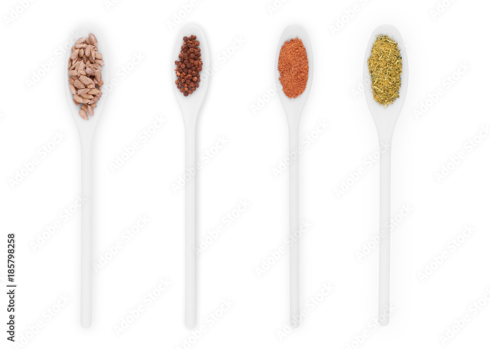 spices in the spoons on a white background. set spices in the spoons on a white background. set