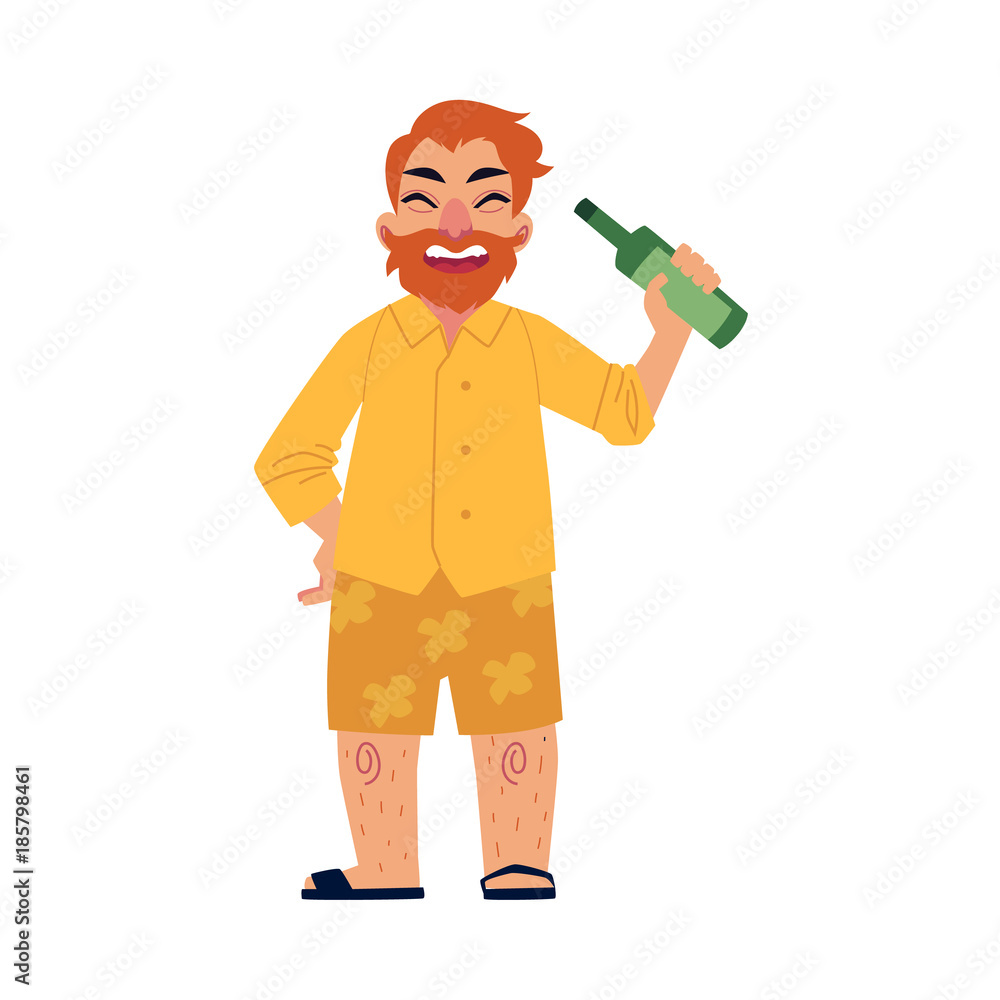 Funny bearded man in shorts and flip-flops drinking bear in his yard, cartoon vector illustration isolated on white background. Full length portrait on happy man with beer bottle having fun at picnic