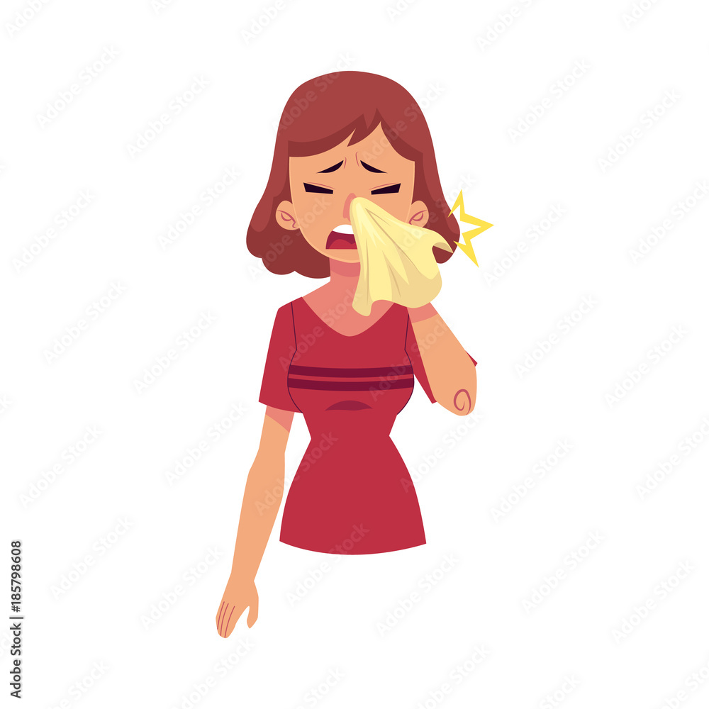 Vector flat young sick girl suffering from rhinitis, holding napkins, facial tissues, blowing her nose, sneezing. Cartoon isolated illustration on a white background. Illness ,disease symptoms concept Vector flat young sick girl suffering from rhinitis, holding napkins, facial tissues, blowing her nose, sneezing. Cartoon isolated illustration on a white background. Illness ,disease symptoms concept
