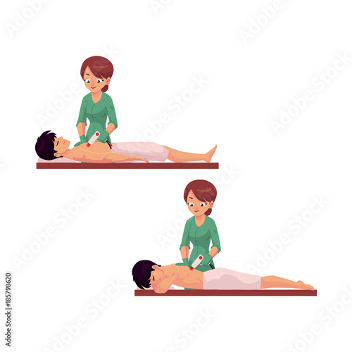 vector cartoon salon hair removal scenes set. Woman therapist in professional cosmetology beauty clinic removing hair from chest and backof man by laser.