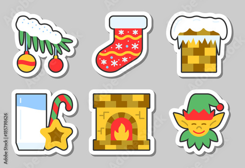 Christmas, New Year icon sticker set isolated
