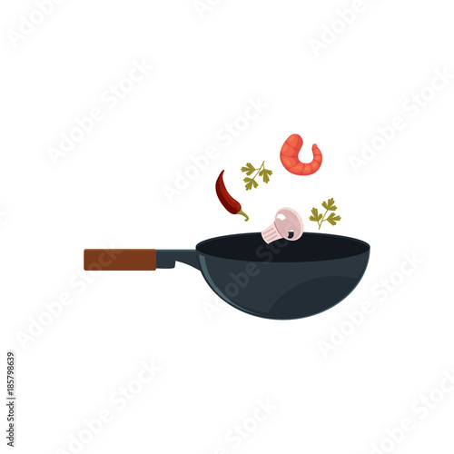 vector flat asian iron wok pan with flipping shrimp, chili pepper, mushrooms and greenery for udon noodles. Stir fry coocking process icon for menu design. Isolated illustration on a white background.