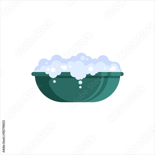 Flat plastic basin with soap foam isolated on white background. Washbowl with suds, household cleaning equipment for washing vector illustration