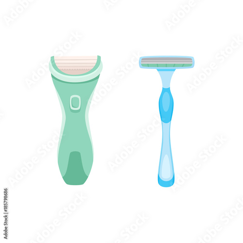 Two variants of lady shaving razor for unwanted hair removal procedure, flat style icon, vector illustration isolated on white background. Flat icon of lady shaving razor, two variants