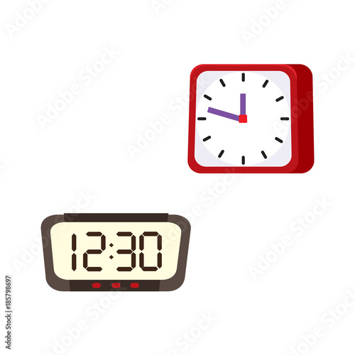 vector flat analog , digital square, rectangle table simple modern alarm clock icon for your design. Isolated illustration on a white background.