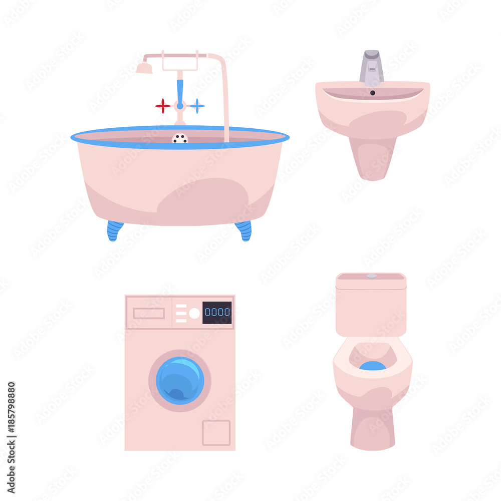 vector cartoon bathroom appliances set. ceramic pink colored toilet bowl,  sink, bath tube and washing machiine icons. Isolated illustration on a  white background. Stock Vector | Adobe Stock