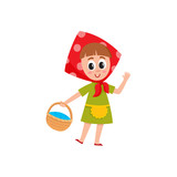 Cute little girl in babushka kerchief holding a basket, picking berry, mushroom, cartoon vector illustration isolated on white background. Funny girl in polka dotted head kerchief with basket