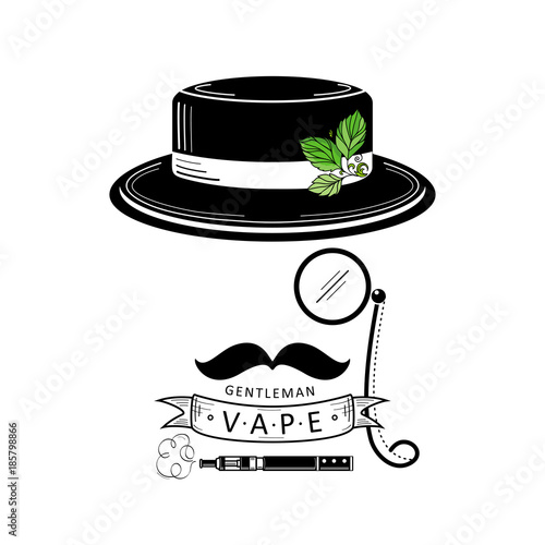 Retro vape shop logo design with male hat, nose glasses, gentleman mustache, vaporizer and decorative ribbon, vector illustration isolated on white background. Vape shop logo with stylized gentleman