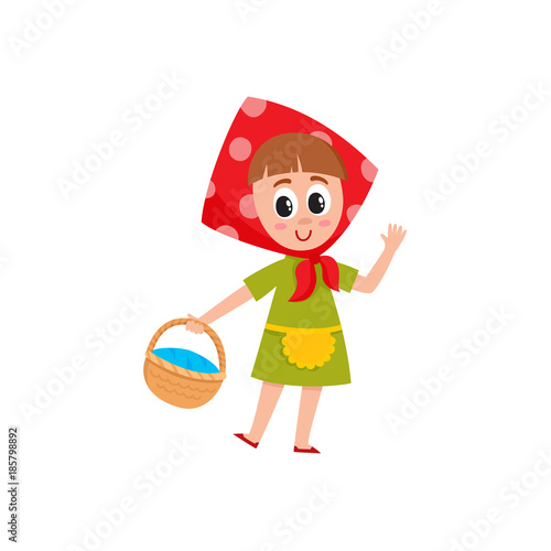 Cute little girl in babushka kerchief holding a basket, picking berry, mushroom, cartoon vector illustration isolated on white background. Funny girl in polka dotted head kerchief with basket