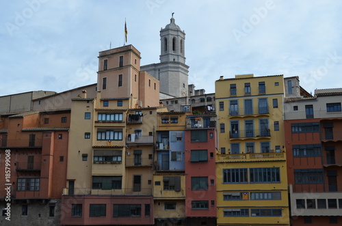 Girona - The Colorful Houses on Onyar River and Tower of St Mary's Cathedral
