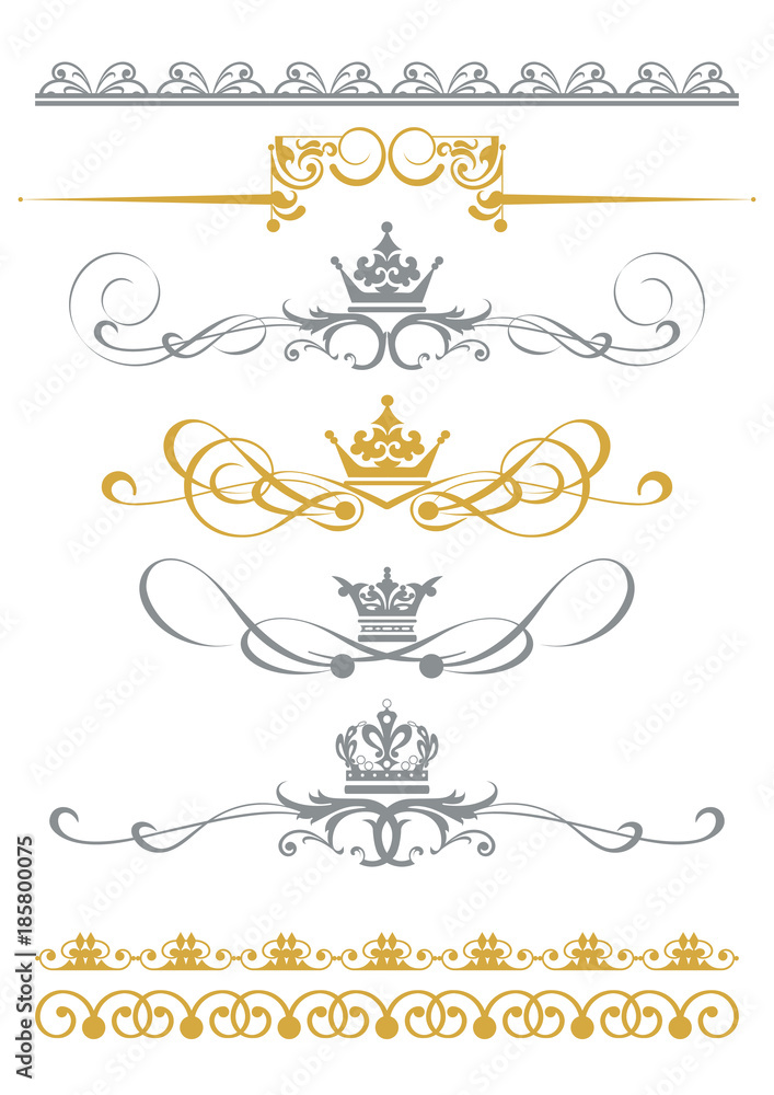 Design Elements. Golden and Silver Color on White background. Frame, border, swirl, divider. Old-fashioned style. Vector art
