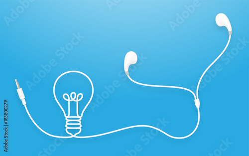 Earphones, Earbud type white color and Light Bulb symbol made from cable isolated on blue gradient background, with copy space