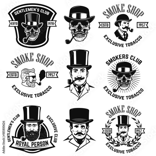 Set of smokers club emblems. Vintage gentlemans portraits with smoking pipes. Design element for logo  label  emblem  sign  poster  banner.