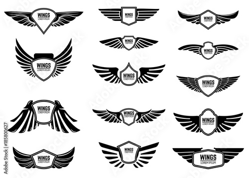 Set of blank emblems with wings. Design elements for emblem, sign, logo, label.