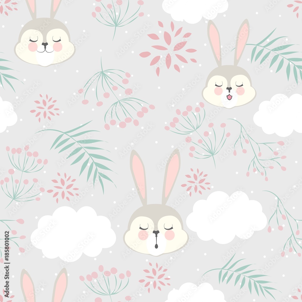 Fototapeta premium pattern cartoon for Valentine's day with a sleeping Bunny in the clouds.