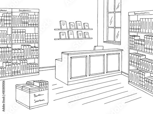 Book shop store interior graphic black white sketch illustration vector