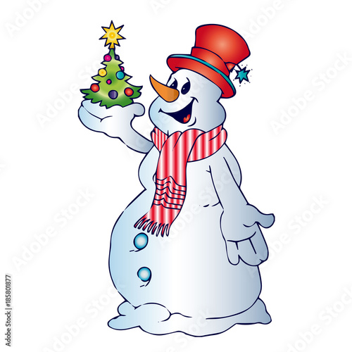 Cheerful snowman in scarf and hat, holds in hands christmas tree, cartoon on white background,