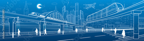 Monorail bridge across the highway. Railroad overpass. Train move. Urban infrastructure, modern city, industrial architecture. People walking. White lines illustration, vector design art 