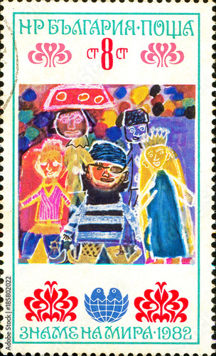 Ukraine - circa 2017: A postage stamp printed in Bulgaria shows children's drawing Fairy tales. Series: International Children's Assembly Banner of Peace. Circa 1982