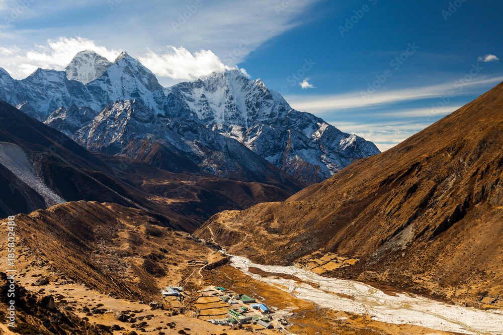 The peak of Mount Ama Dablam seen from Dingboche Village on Everest Highway in Nepal