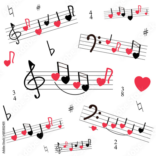 A musical mill with stylized notes, violin and bass keys, hearts. Musical romantic background. White background, red and black colors.