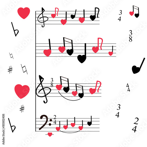 A musical mill with stylized notes, violin and bass keys, hearts. Musical romantic background. White background, red and black colors.