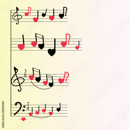 A musical mill with stylized notes, violin and bass keys, hearts. Musical romantic background. White background, red and black colors.